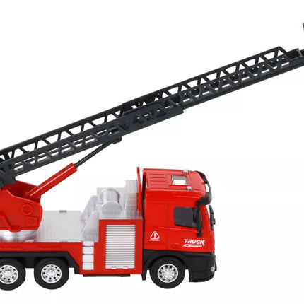 Raudonas gaisrinis sunkvežimis su ištraukiama kopėčių strėle