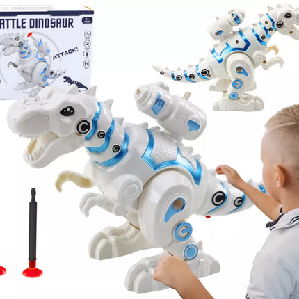 Baltas dinozauro robotas su strėlių paleidikliu