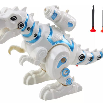 Baltas dinozauro robotas su strėlių paleidikliu