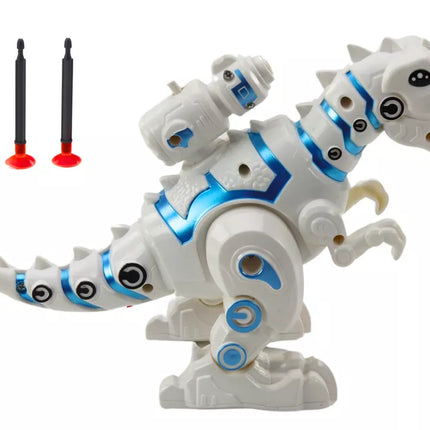 Baltas dinozauro robotas su strėlių paleidikliu