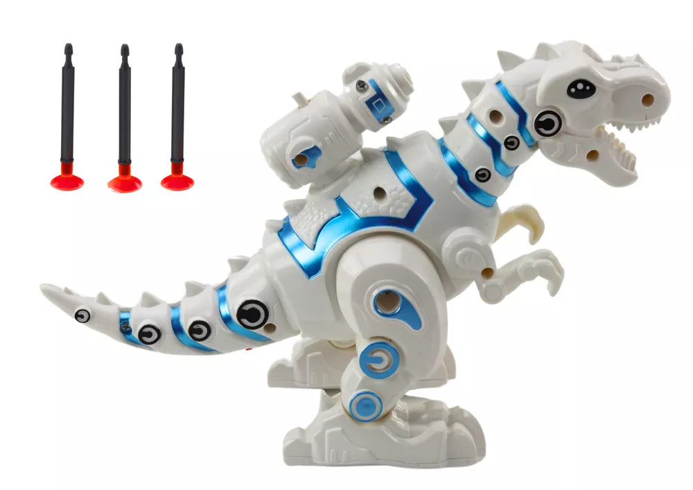 Baltas dinozauro robotas su strėlių paleidikliu