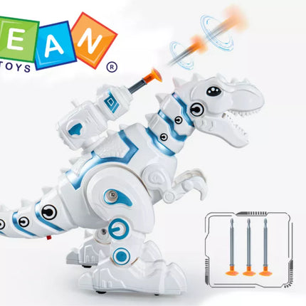 Baltas dinozauro robotas su strėlių paleidikliu