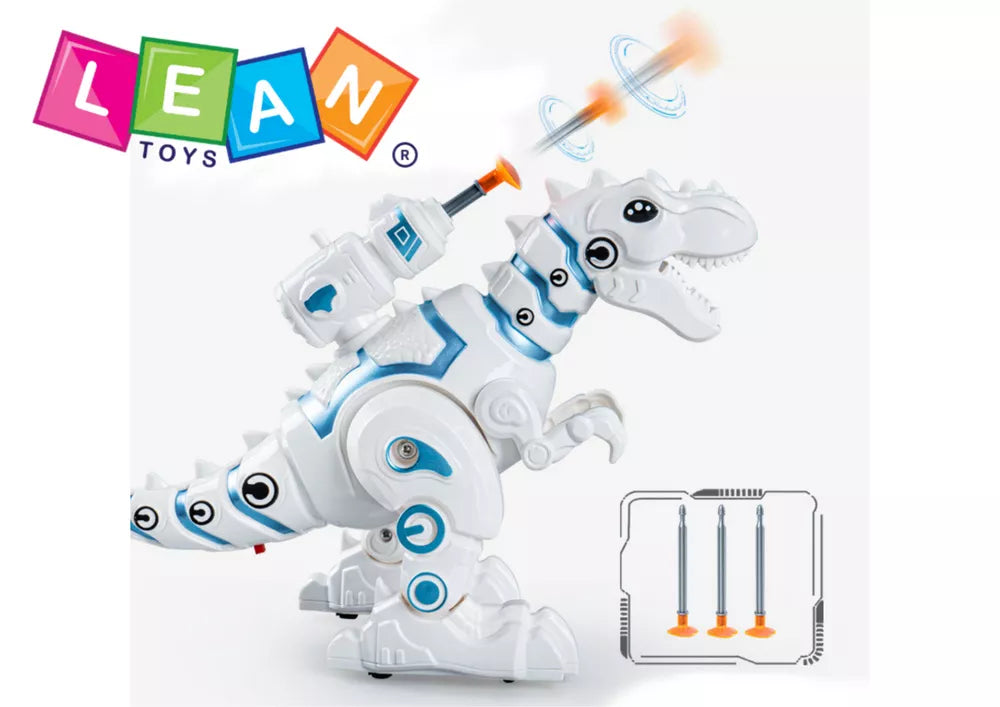 Baltas dinozauro robotas su strėlių paleidikliu