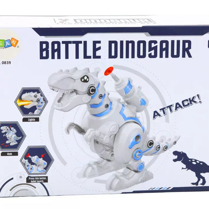 Baltas dinozauro robotas su strėlių paleidikliu