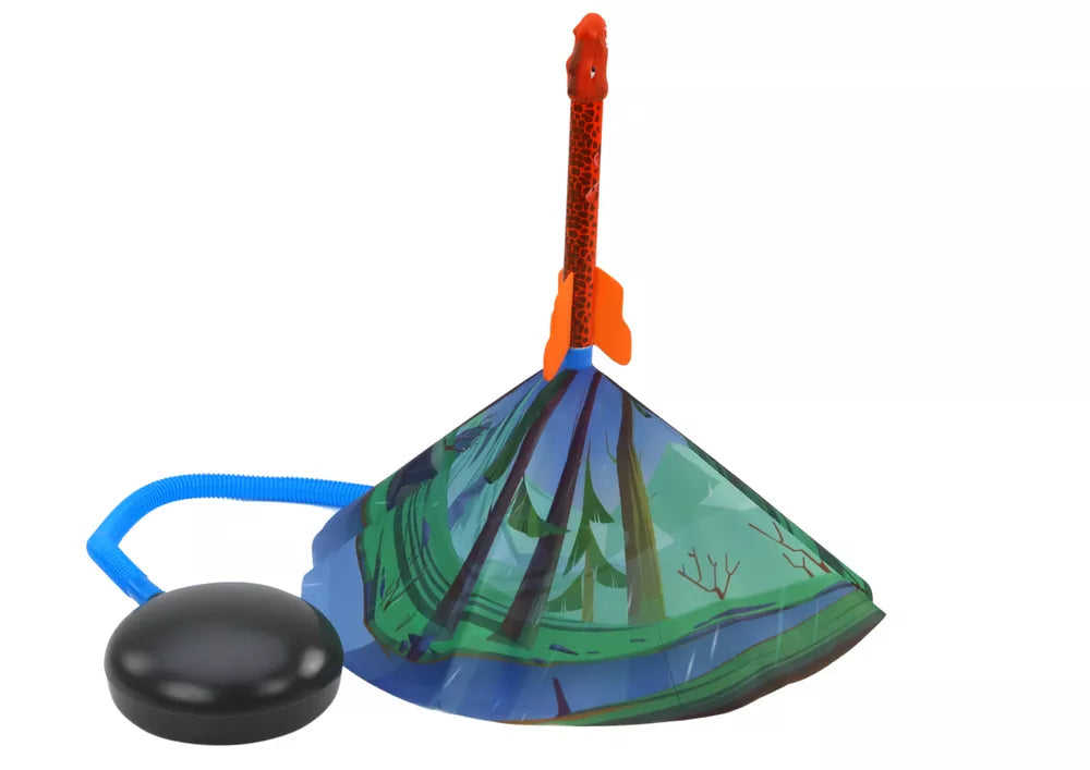 Mėlynas ugnikalis su dinozaurų formos raketomis