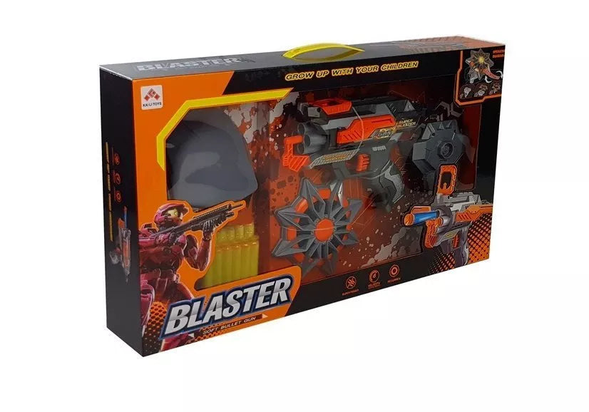 Juodas/raudonas šautuvas su šovinimis ir kauke