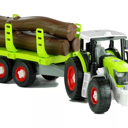 Medienos surinkimo traktorius su priekaba ir atsuktuvu