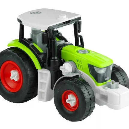 Medienos surinkimo traktorius su priekaba ir atsuktuvu