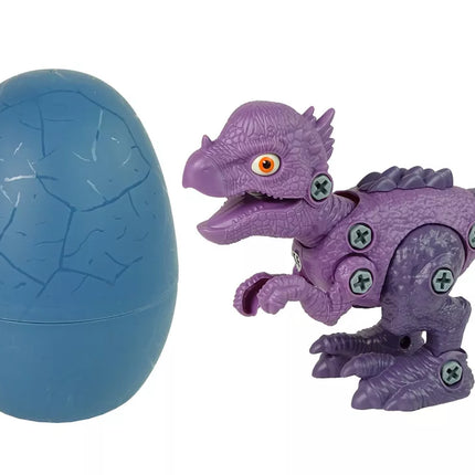 Mėlynas dinozauro kiaušinis su išardomu violetiniu dinozauru