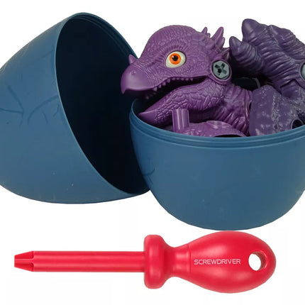 Mėlynas dinozauro kiaušinis su išardomu violetiniu dinozauru