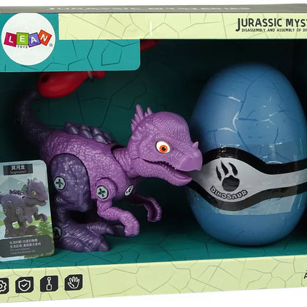 Mėlynas dinozauro kiaušinis su išardomu violetiniu dinozauru