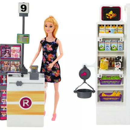 Lėlių prekybos centro rinkinys su lentynomis ir pirkinių vežimėliu