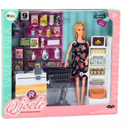 Lėlių prekybos centro rinkinys su lentynomis ir pirkinių vežimėliu