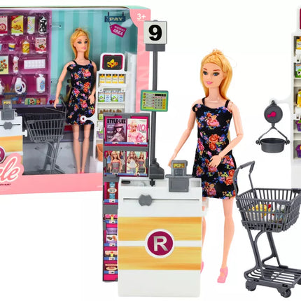 Lėlių prekybos centro rinkinys su lentynomis ir pirkinių vežimėliu