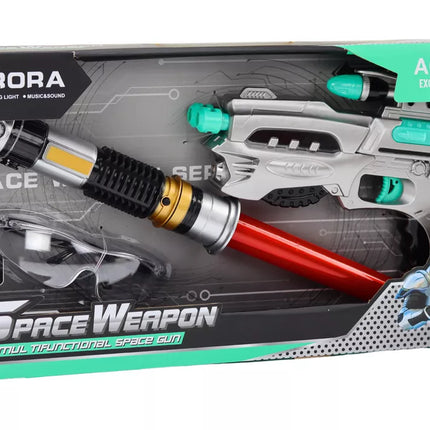 Kosminis rinkinys su šviesos kardu, šautuvu ir apsauginiais akiniais