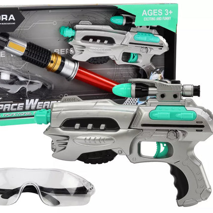 Kosminis rinkinys su šviesos kardu, šautuvu ir apsauginiais akiniais