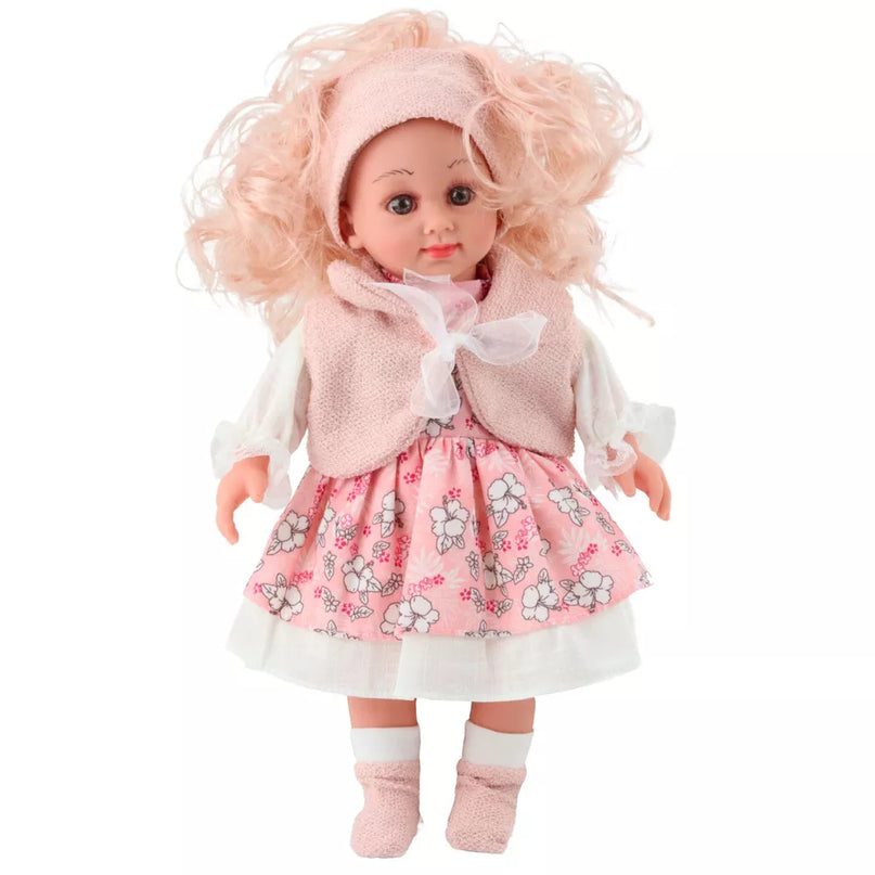 Lėlė su rožine gėlėta suknele 36 cm.