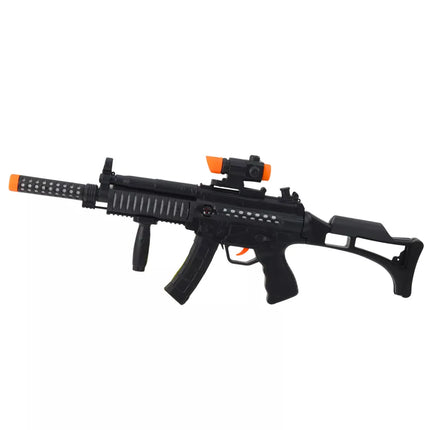 Juodas žaislinis kulkosvaidis su šviesos ir garso efektu