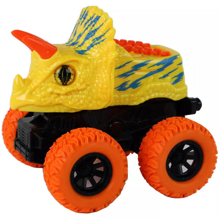 Geltonos spalvos dinozauro formos automobilis