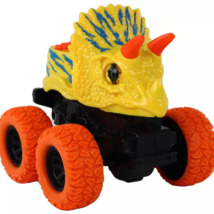 Geltonos spalvos dinozauro formos automobilis