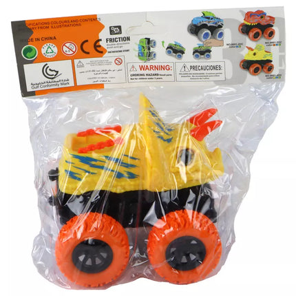 Geltonos spalvos dinozauro formos automobilis