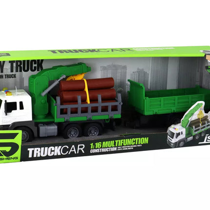 Žalias sunkvežimis su kranu