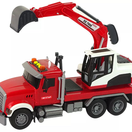 Raudonas sunkvežimis su ekskavatoriumi