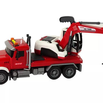 Raudonas sunkvežimis su ekskavatoriumi