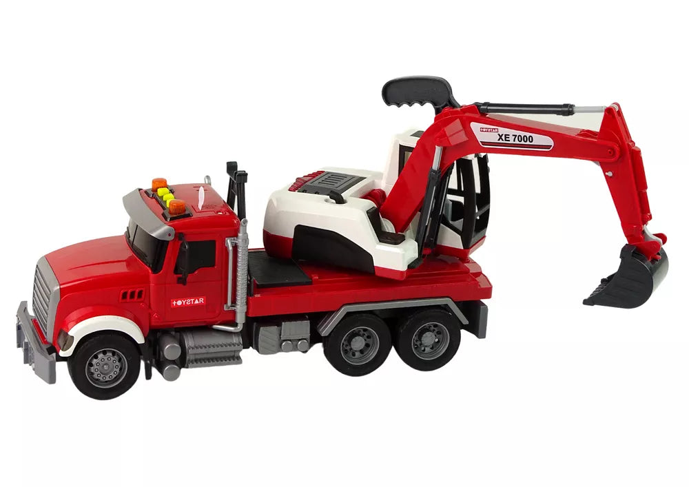 Raudonas sunkvežimis su ekskavatoriumi