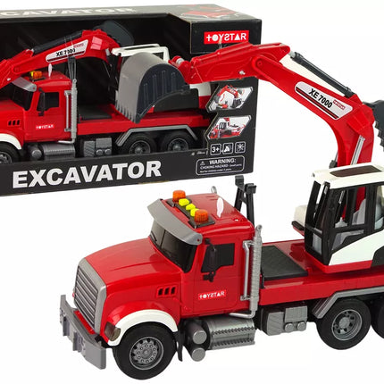 Raudonas sunkvežimis su ekskavatoriumi