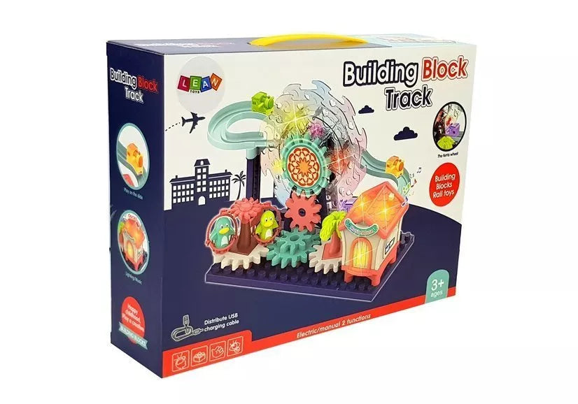 Baterijomis maitinamas konstrukcinių kaladėlių rinkinys su čiuožykla