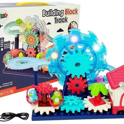 Baterijomis maitinamas konstrukcinių kaladėlių rinkinys su čiuožykla