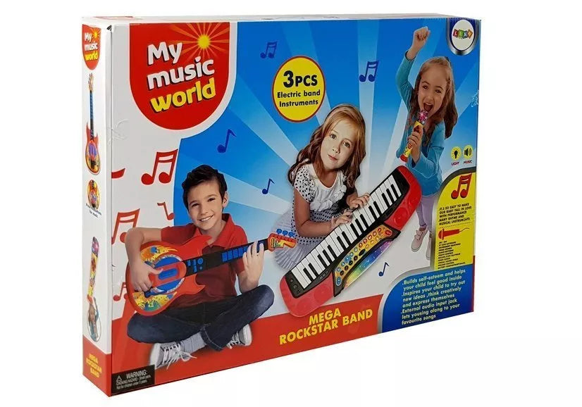 Muzikinis rinkinys 3 viename: gitara, pianinas ir mikrofonas
