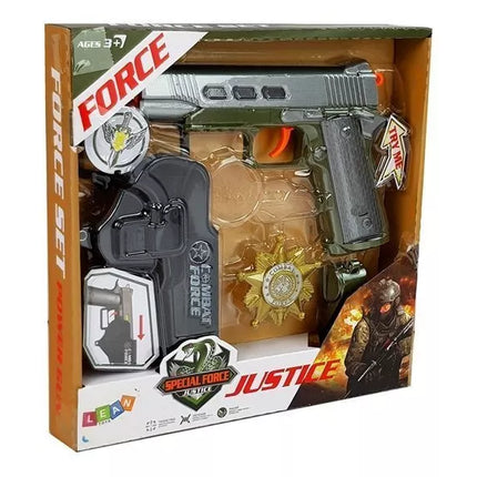 Žalias policijos rinkinys su šautuvu ir priedais