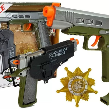 Žalias policijos rinkinys su šautuvu ir priedais