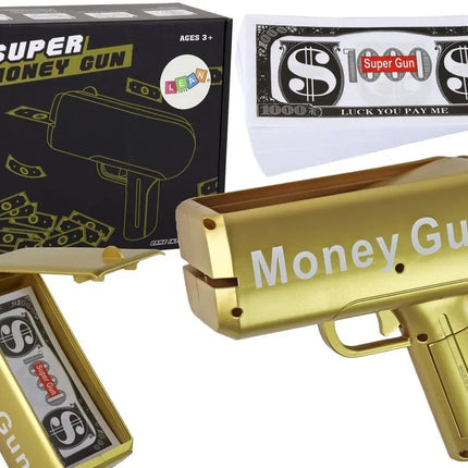 Auksinė Money Gun pinigų šaudyklė – su banknotais