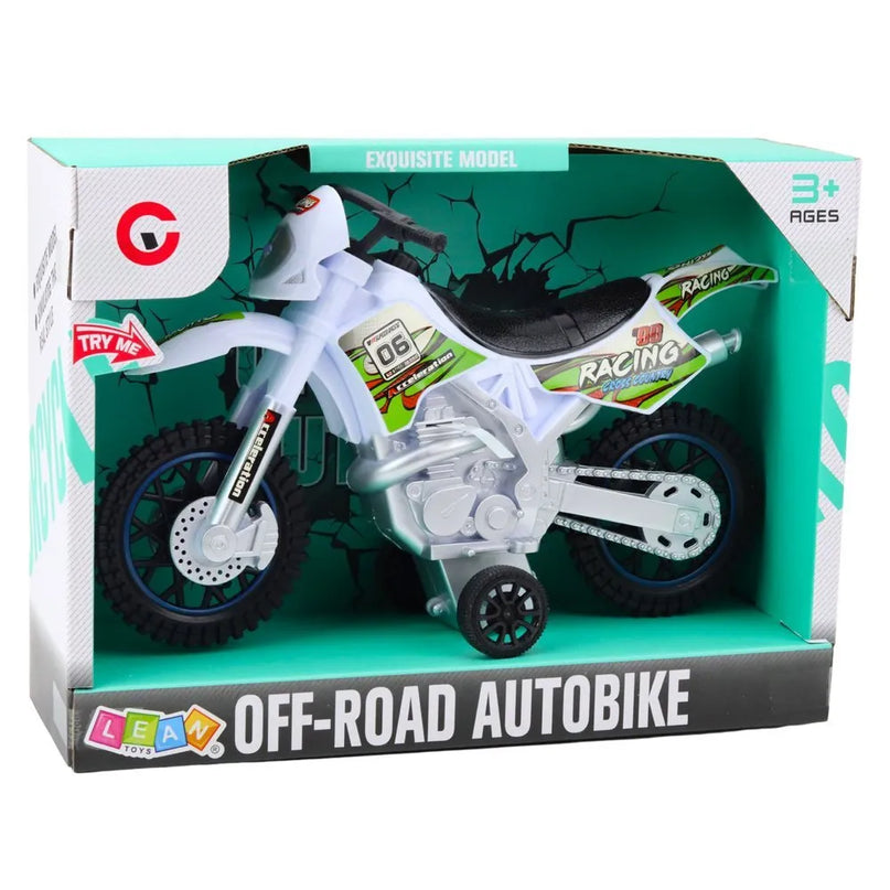 Baltas bekelės žaislinis motociklas su šviesomis