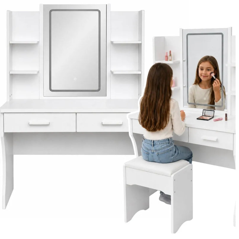 Baltas kosmetinis staliukas su LED veidrodžiu ir 2 stalčiais, 80 cm