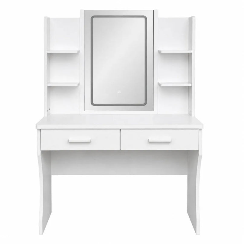 Baltas kosmetinis staliukas su LED veidrodžiu ir 2 stalčiais, 80 cm