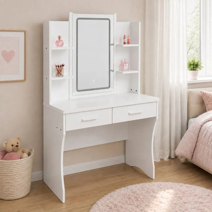 Baltas kosmetinis staliukas su LED veidrodžiu ir 2 stalčiais, 80 cm