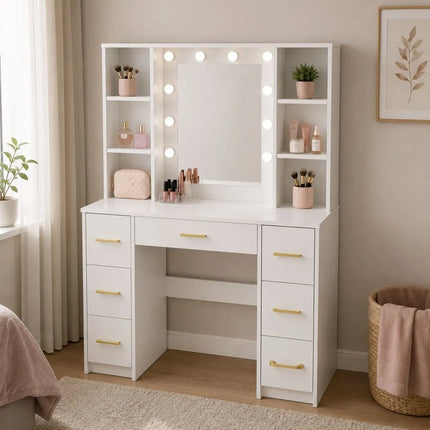 Baltas kosmetinis staliukas su LED veidrodžiu ir 7 stalčiais, 100 cm