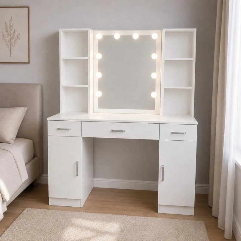 Baltas kosmetinis staliukas su LED veidrodžiu, lentynomis ir stalčiais, 114 cm