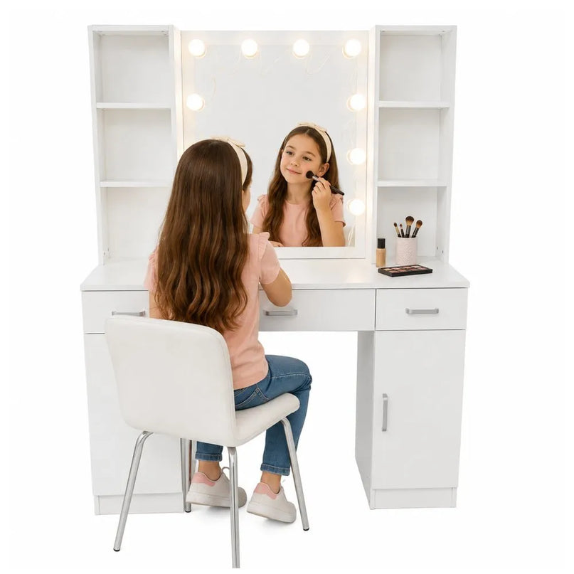 Baltas kosmetinis staliukas su LED veidrodžiu, lentynomis ir stalčiais, 114 cm