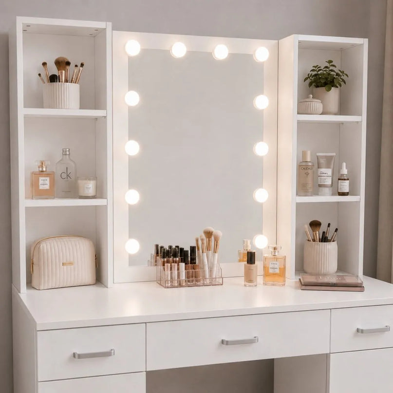 Baltas kosmetinis staliukas su LED veidrodžiu, lentynomis ir stalčiais, 114 cm