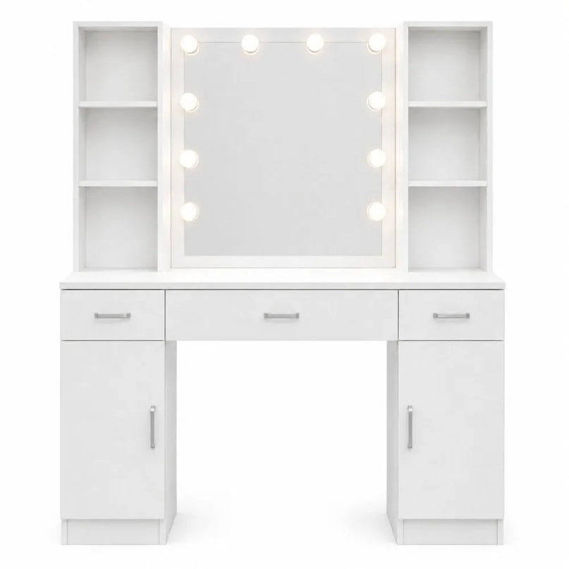 Baltas kosmetinis staliukas su LED veidrodžiu, lentynomis ir stalčiais, 114 cm