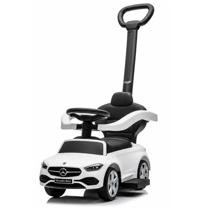Baltas Mercedes 3in1 paspirtukas–mašinėlė su stūmimo rankena