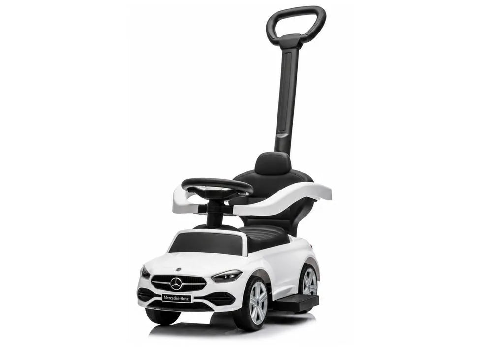 Baltas Mercedes 3in1 paspirtukas–mašinėlė su stūmimo rankena