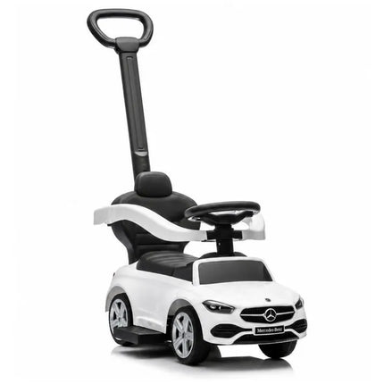 Baltas Mercedes 3in1 paspirtukas–mašinėlė su stūmimo rankena