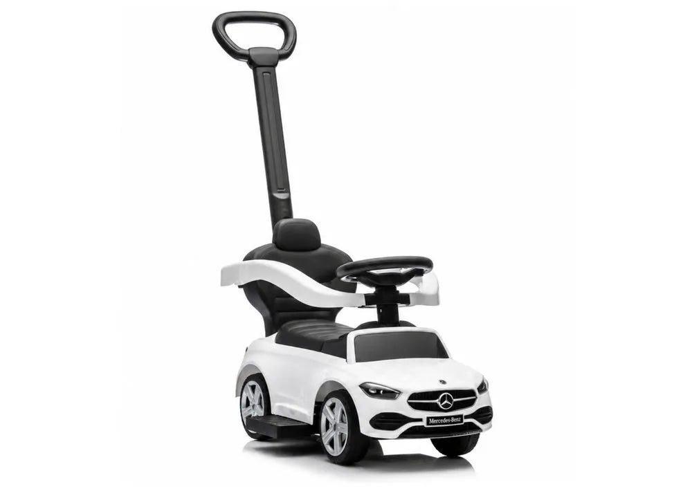 Baltas Mercedes 3in1 paspirtukas–mašinėlė su stūmimo rankena