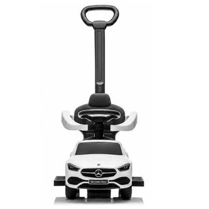 Baltas Mercedes 3in1 paspirtukas–mašinėlė su stūmimo rankena